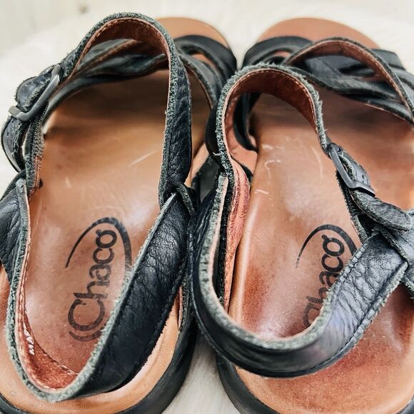 Chaco Tuleah Cross Black Buttery Leather Strappy Comfort Sandals Portugal Size 7 - Picture 6 of 8